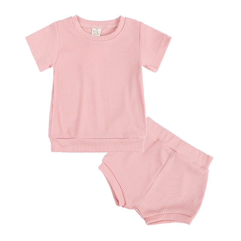 Cotton Casual Summer Newborn Baby Boys Girls Outfits Suit Ribbed Knitted Short Sleeve T-shirts Tops+Shorts 2Pcs Kids Tracksuits