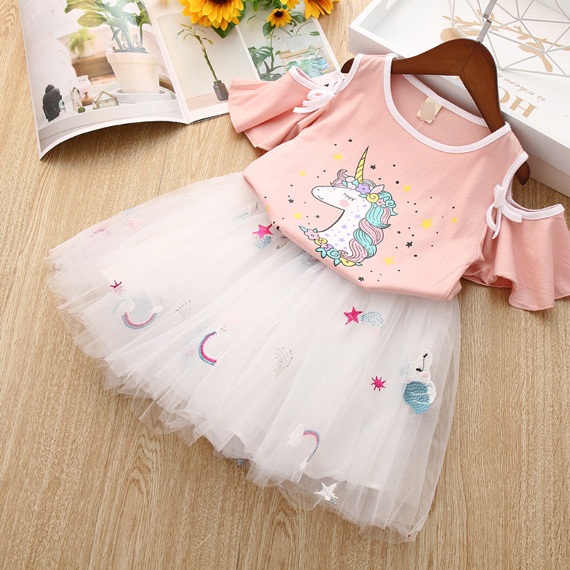 Pink Hot Sale Unicorn Skirt Fall Wholesale Baby Girls Children Boutique Off Shoulder Casual Summer Kids Clothing Princess Dress