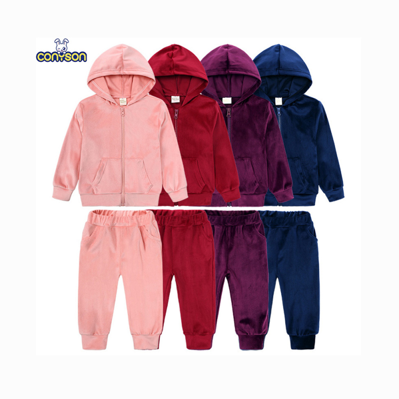 Conyson Wholesale Nonsexual Custom Kids Outdoor Stationaery Hooded Top And Pants Set French Baby Sweatshirt School Art Kids Sets
