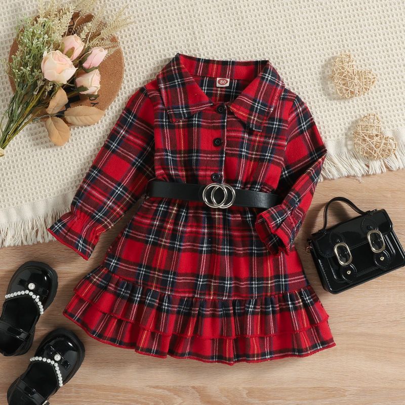 Christmas Princess Dress Brushed England Style Plaid Waist Belt Children Skirt Turn-down Collar Double Ruffle Lovely Party Cloth