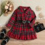 Christmas Princess Dress Brushed England Style Plaid Waist Belt Children Skirt Turn-down Collar Double Ruffle Lovely Party Cloth