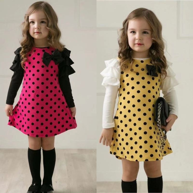Fashion Girl Party Princess Dress Polka Dot Ruffles Sleeve Print Cute Bow Children Costume Autumn Winter Kids Clothes