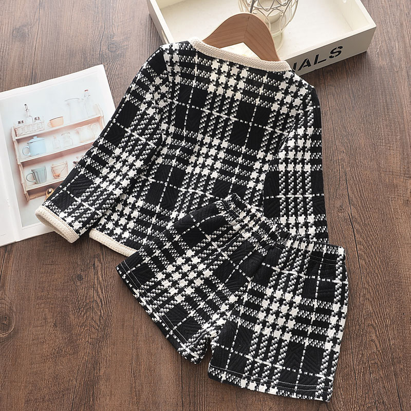 Conyson Winter Kids Girl Elegant Clothing Outfit New Plaid Long Sleeve Button Jacket+Shorts Litter Girls 2 pcs Set