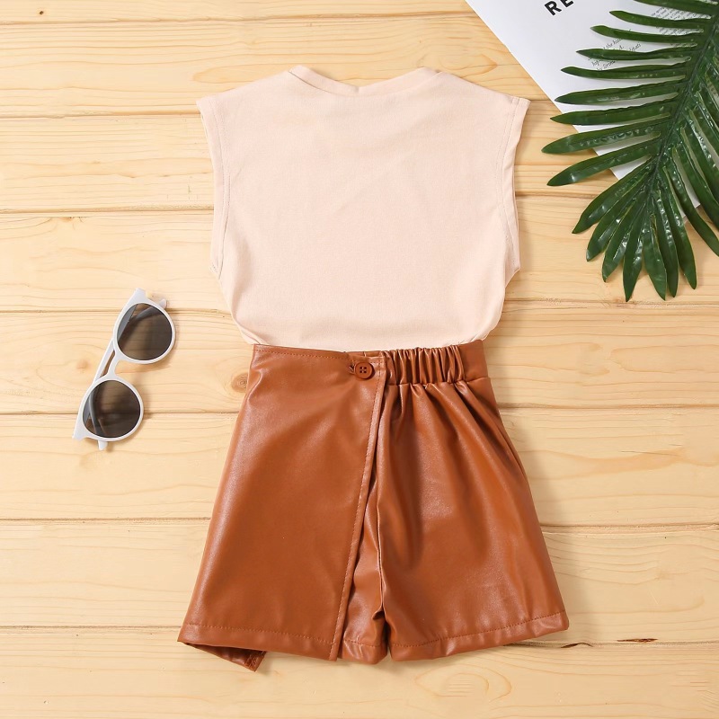 Conyson Summer Brown 1-6Y Littler Girls Clothes Set Cotton Sleeveless Vest Tops PU Leather Shorts Skirts Two Pieces Casual Suits
