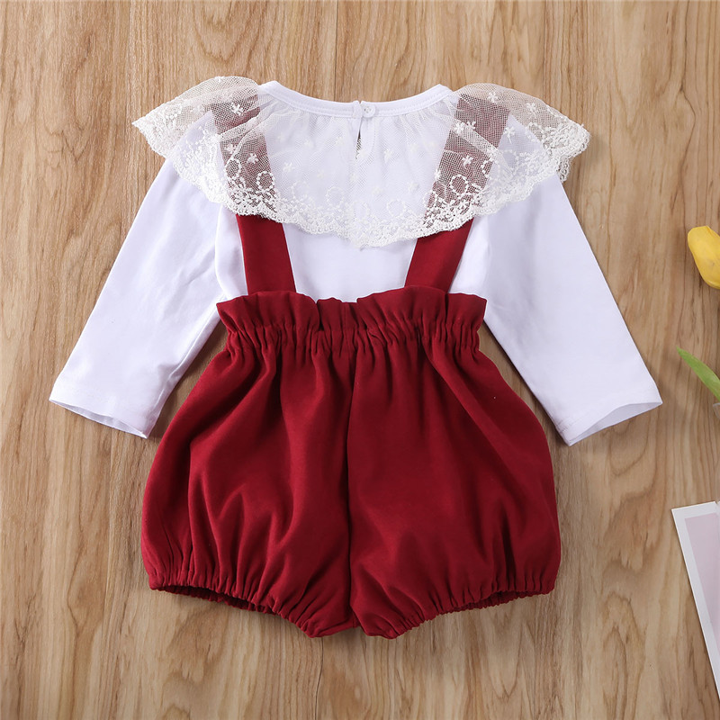 Comyson Spring Infant Baby Girls Yarn Lotus Lace Round Neck Blouse+Strap Bowknot Lantern Shorts Children Girls Clothing Set