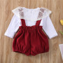 Comyson Spring Infant Baby Girls Yarn Lotus Lace Round Neck Blouse+Strap Bowknot Lantern Shorts Children Girls Clothing Set