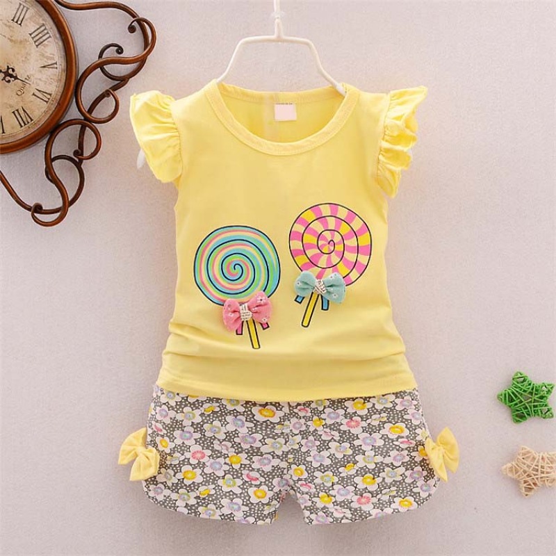Conyson High Quality Bow Floral Patterns Little Girls Clothing 2 Piece Sets Cartoon Printing Cotton Shorts Kids Clothing