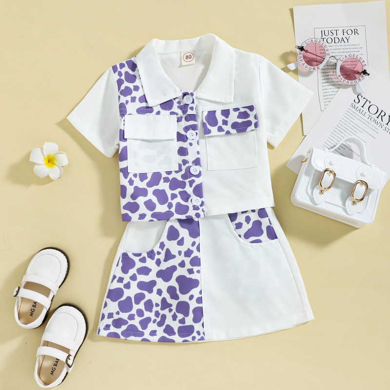 Conyson Summer Fashion Kids Girls Clothes Sets Crown Leopard Printed Single Breasted Shirts Tops+A-Line Skirts Children Suits