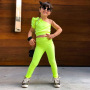 Conyson Wholesale Summer Short Sleeve Kids Clothes Causal Solid Baby Girl Cotton Sleeveless One shoulder Tops Pants Legging Sets