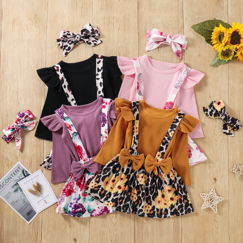 Hot Sale Girls long sleeve sets knitting ruffle tops+suspender skirt+headband 3PCs girls clothing sets baby clothes
