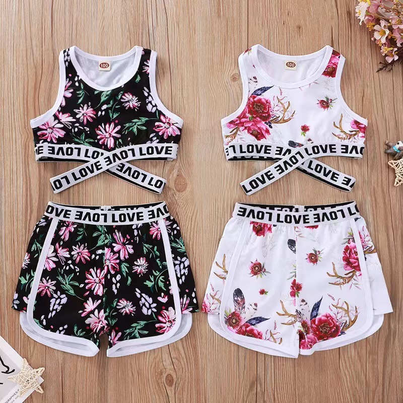 Conyson Summer Fashion Little Girls Tracksuits Flower Printing Sleeveless Vest Shorts 2pcs Sportswear Children Girls Outfits