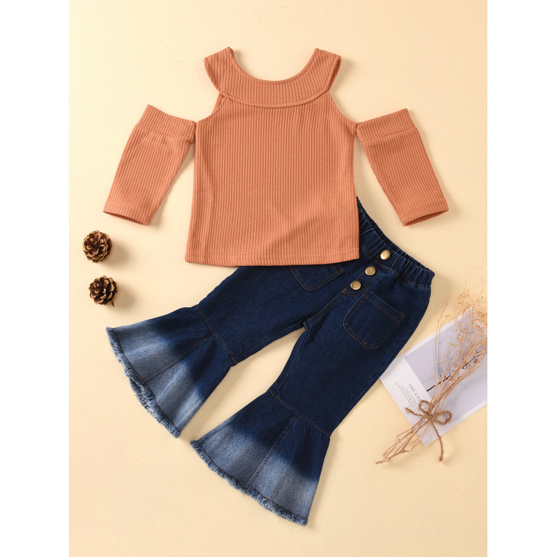 Hot Selling Knitted Children's Wear Suit Girls' Autumn Clothing Set Solid Color Round Neck Strapless Top Denim Set