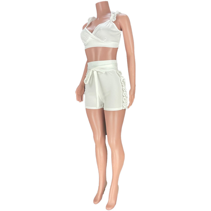 V Neck Cross Sling Ruffle Flouce Shorts Two Piece Suits Solid Colored Crops Tops Belted Sport Briefs Summer Women Sets