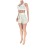 V Neck Cross Sling Ruffle Flouce Shorts Two Piece Suits Solid Colored Crops Tops Belted Sport Briefs Summer Women Sets