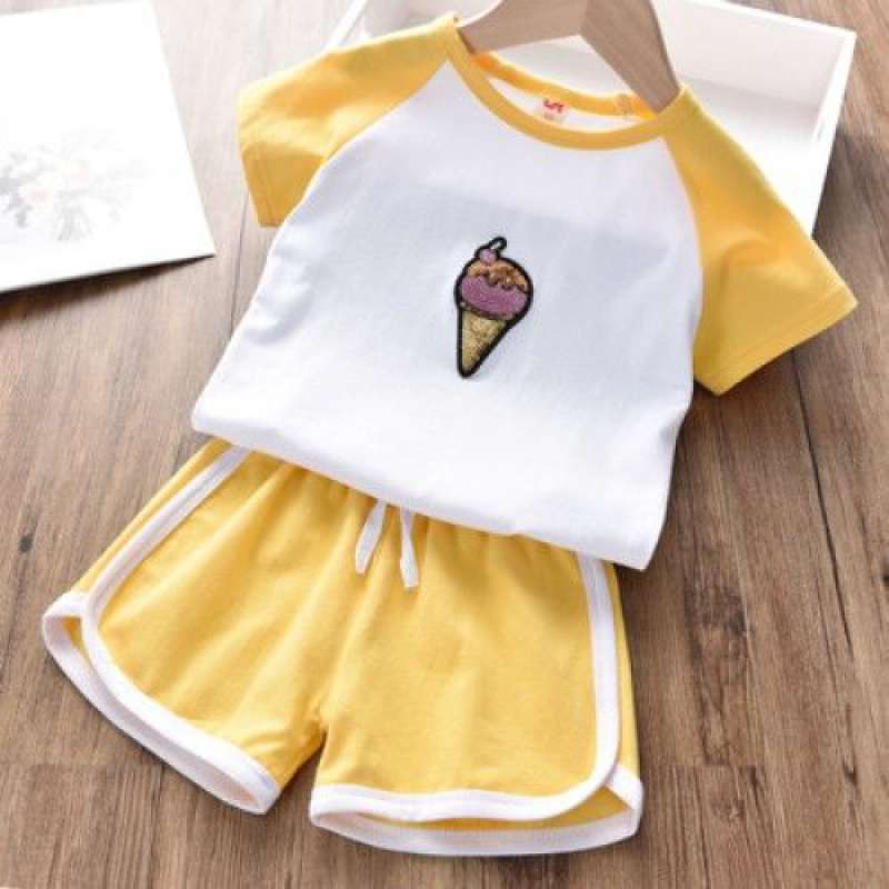 Hot sale summer Korean trend print cartoon patchwork sweet casual short sleeve o-neck t-shirt shorts baby girl suit clothes sets