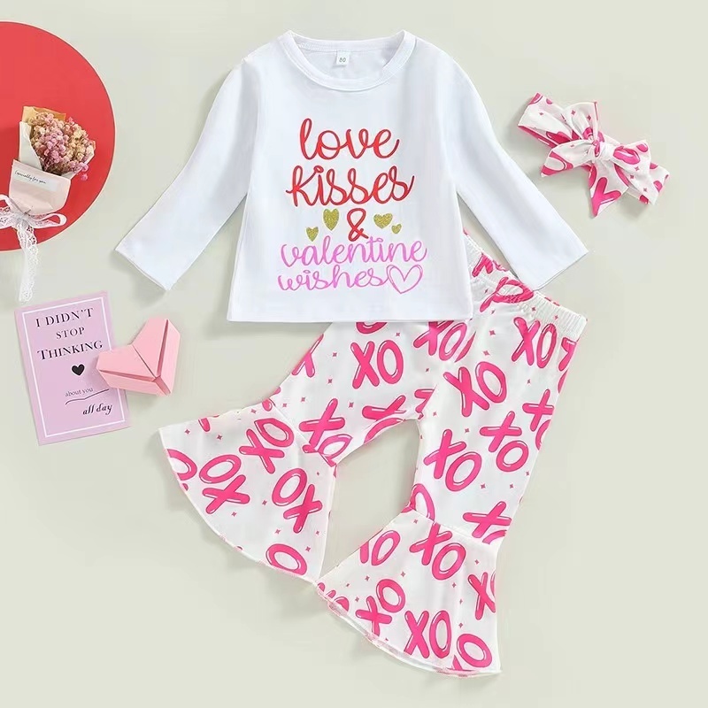 Conyson New Style Spring Autumn Long Sleeve Letter Printing With Headband Girls Kids Valentine's Day Two Piece Girl Clothes Set