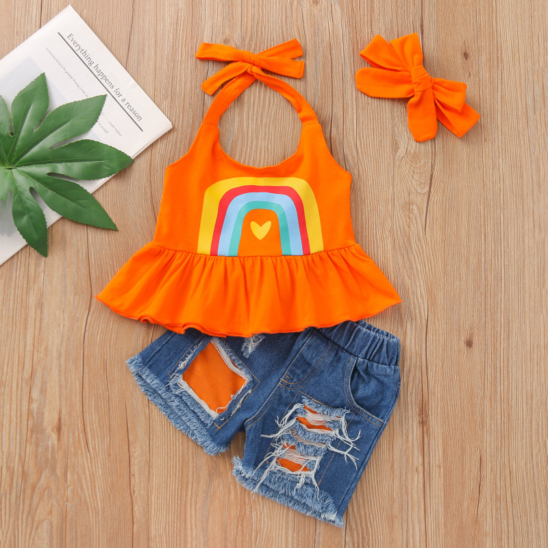 Custom Summer Off Shoulder Top Ripped Holes Denim Shorts Children Toddler Outfits Ruffle Pant Kids Baby Girls Clothing Sets