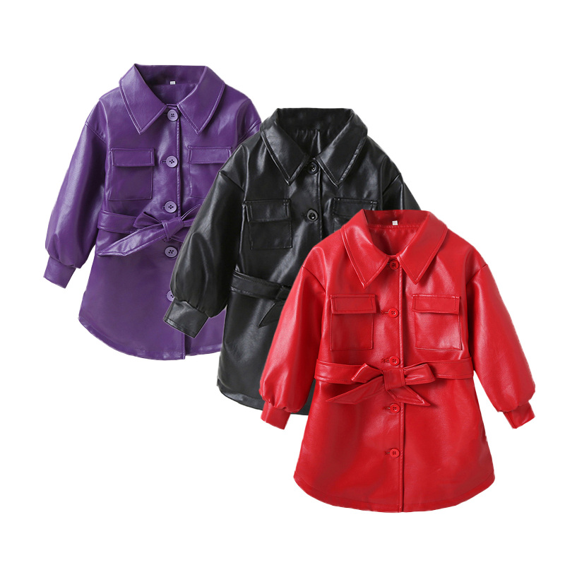 Conyson Hot New Autumn Kids Designer Clothes Girls Jacket Outwear Solid PU Leather Long Sleeves Single Breasted Coat