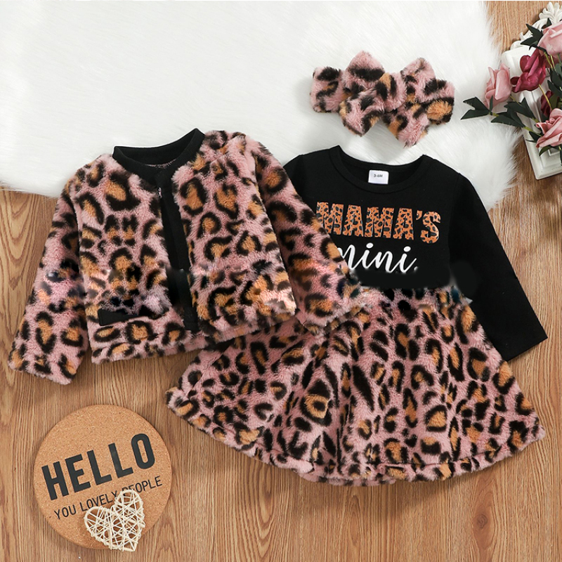 Baby Girl Autumn Princess Leopard Print Dress Suit Letter Stitching Leopard Print Jacket Suit 3pc Set