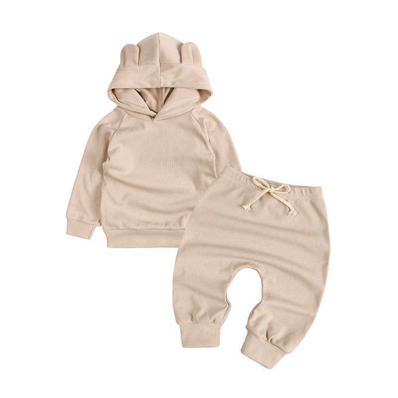 Toddler Outfits Solid Knitted Boy Long Sleeve Hooded  Infant Bodysuits Tops+Elastic Waist Pants Casual Baby Clothes Sets