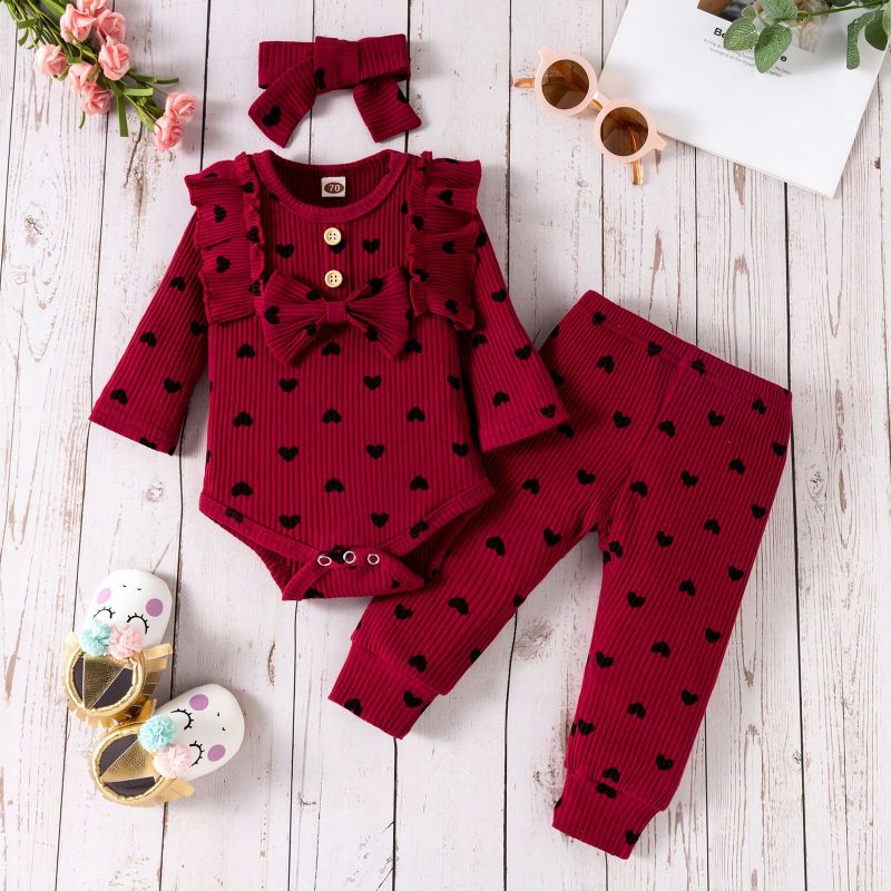 High Quality Children's Love Bow Costume Baby Long Sleeved Triangle Jumpsuit Baby Romper With Headwear