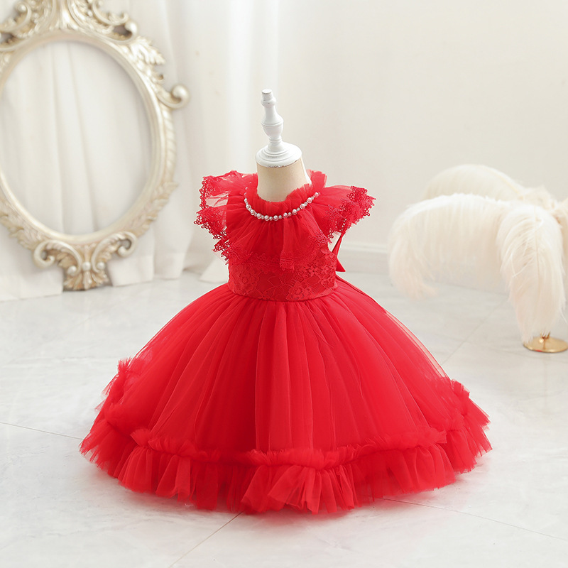 Conyson Hot Sale flower Girl Dress Mesh Birthday Princess Dress Puff European Style Embroidery Pearls Collar Sleeveless Dress
