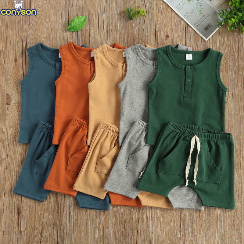 Conyson hot sale 100% Cotton Summer Children Tank Top Pocket Shorts Toddler Infant Baby Clothes Outfits Boys Kids Clothing Sets