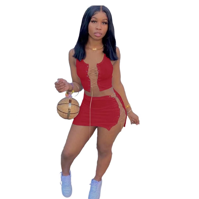 Women Vest Miniskirt Two Piece Summer Suit Solid Color Metal Chain Party Club Dress Casual Fashion Sets