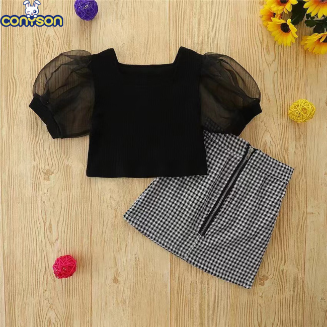 Conyson High Quality Low MOQ Children Summer Baby Girls Solid Bubble Sleeve Tops + Lattice Skirts Little Girl Two Piece Sets