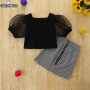 Conyson High Quality Low MOQ Children Summer Baby Girls Solid Bubble Sleeve Tops + Lattice Skirts Little Girl Two Piece Sets