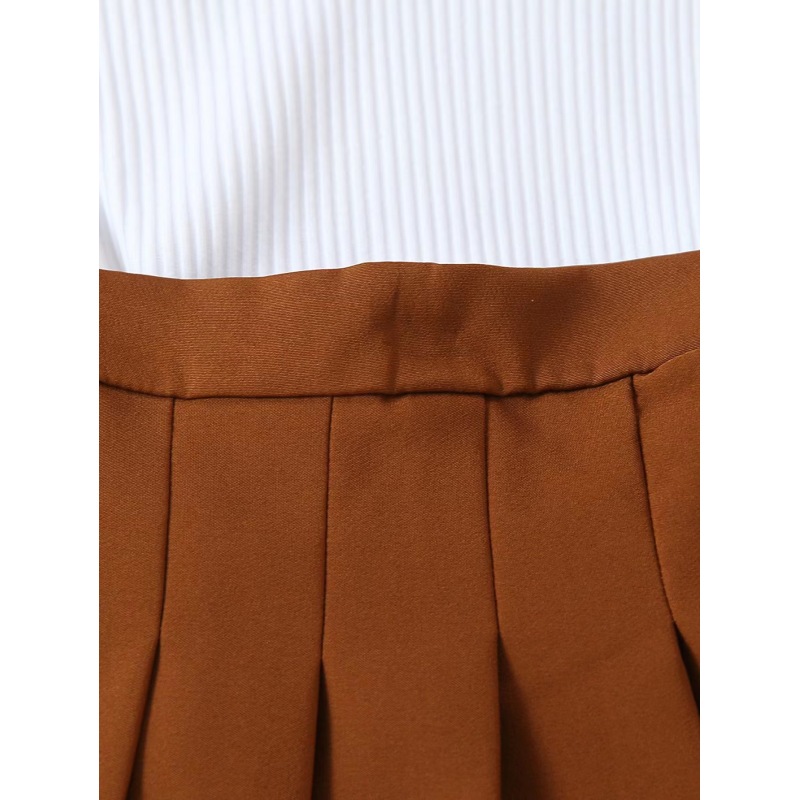 Conyson Summer Fashion White Sleeveless Lapel Knit Top Brown Boutique Pleated Skirt 2 Pieces Clothes Sets Casual Outfits