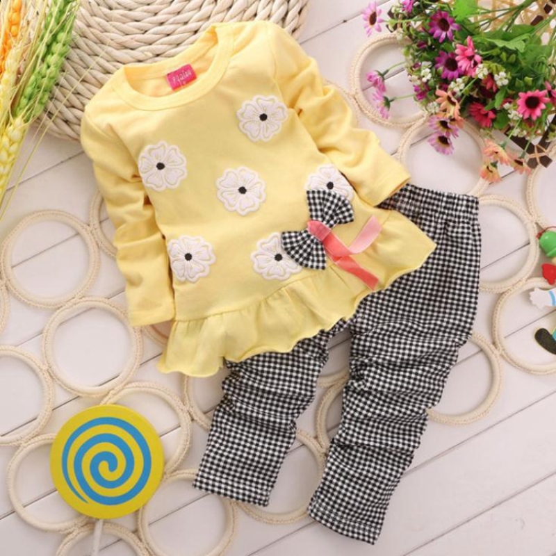 New Style Baby Girl Bow Plate Long Sleeve Set Baby Tops+pants 2pcs Sets Toddler Baby Girl Clothing Sets