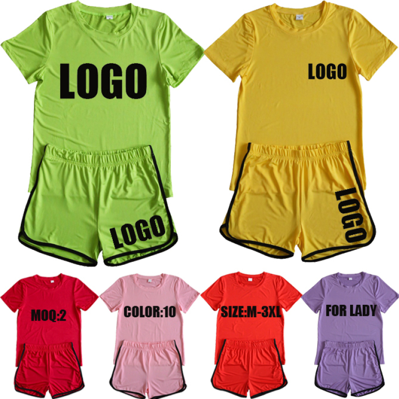 Online hot sale korea summer Custom logo Made Outdoor women's soild color Clothes sport suit clothing two-piece adult short Sets
