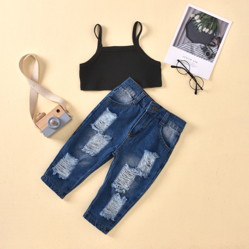 Conyson Fashion Casual Baby Girls Clothes Summer Kids Sleeveless Solid Vest Ribbed Crop Top Ripped Denim Pants 2pcs Tracksuits