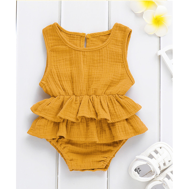 Conyson ins hot sale summer fashion linen Sleeveless pure color toddler kids clothing Rompers wear new born baby clothes rompers
