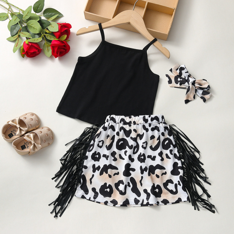 Conyson fashion boutique Baby girls suit Spring summer casual short Sleeve print kids clothing tassels cotton skirts clothes Set