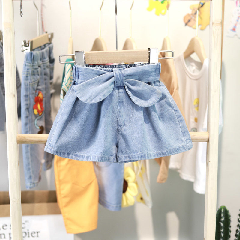Girls High Waist Big Bow Shorts Kids Clothes Fashion Girl Jeans Children Summer Tie Knot Bow Casual Pants Elastic Children Jeans