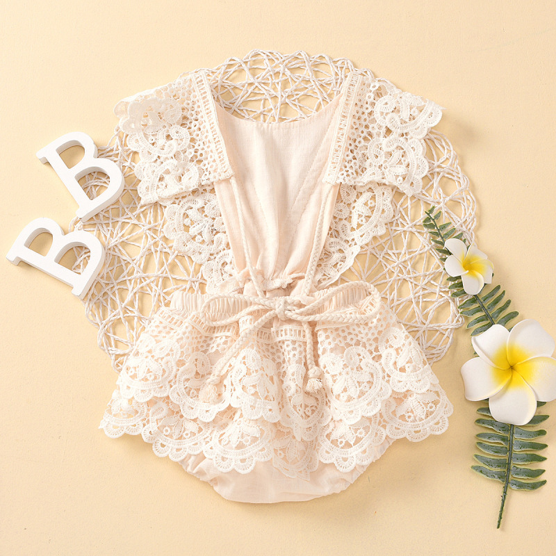 Summer Newborn Solid Color Halter Infant Baby Girls Romper Beige Color Lace Romper Baby Clothes