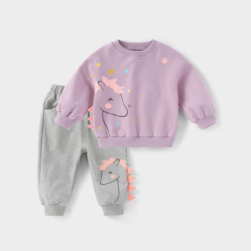 Conyson Fashion New Soft Fabric Cartoon Children's Long Sleeve cotton print rainbow horse Two-piece Winter Clothing Set