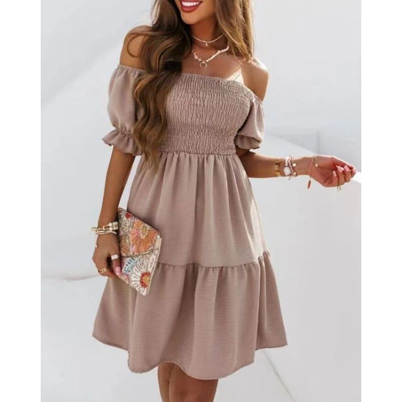 Conyson Summer Fashion Off Shoulder Short Sleeve Dress Hot Sale Solid Casual Backless Floral Beach Women's Dresses