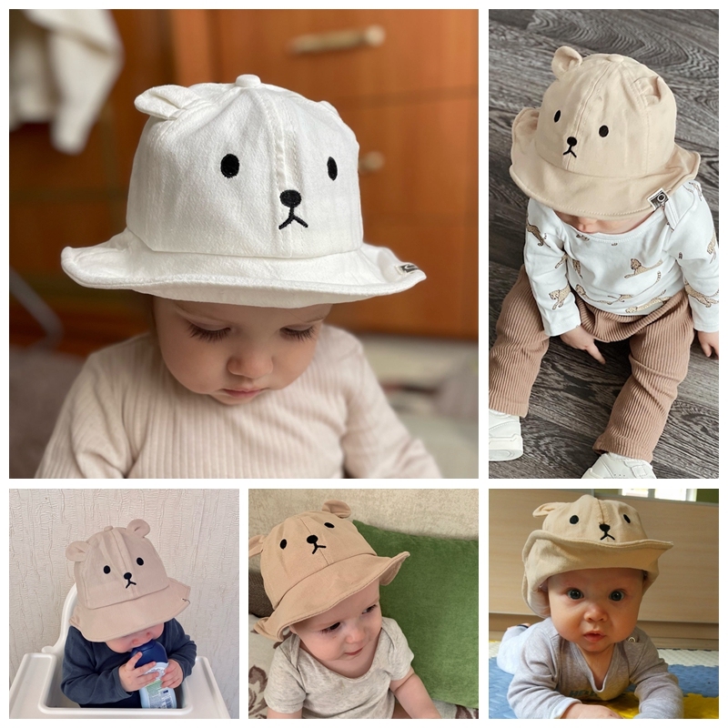 Baby Bucket Hat Cute Bear Ear Newborn Panama Hat Solid Color Cartoon Outdoor Beach Kids Baby Boy Girl Sun Hats