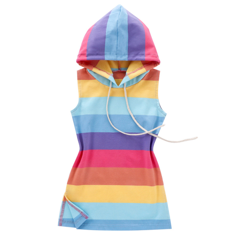 Clothes Colorful Stripe Outfit Hooded Dress New Summer Fashion Lovely Vest Hooded Frock Children Rainbow Stripe Girl Dress