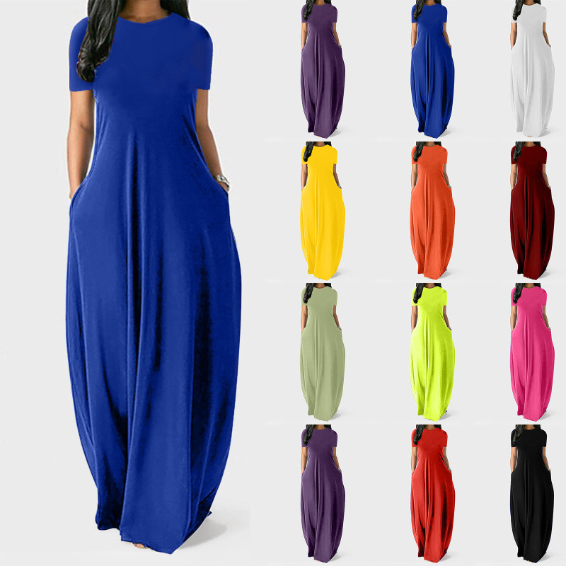 Conyson  Hot Summer Maxi Custom Logo Short Sleeve Women Sundress Solid Loose Pockets Ladies Long Dress Women Fashion Casual