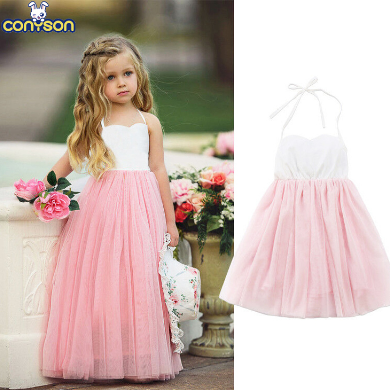 Conyson Hot Sale Summer Baby Girls Princess Party Dress Flower Children Clothes Maxi Net Gauze Pompous Skirt Girls Halter Dress