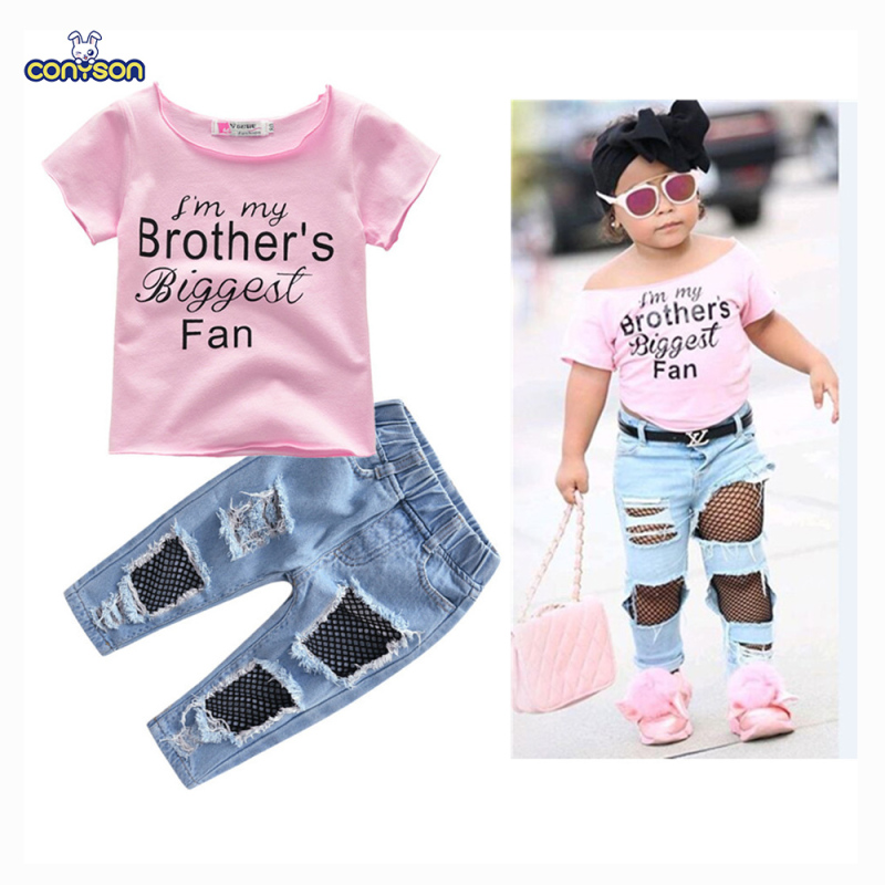Conyson Wholesale Low Price Fashion Ripped Summer Boutique Little Girl 1-5 Years Cute Print Short Top+Jeans Girls Matching Set