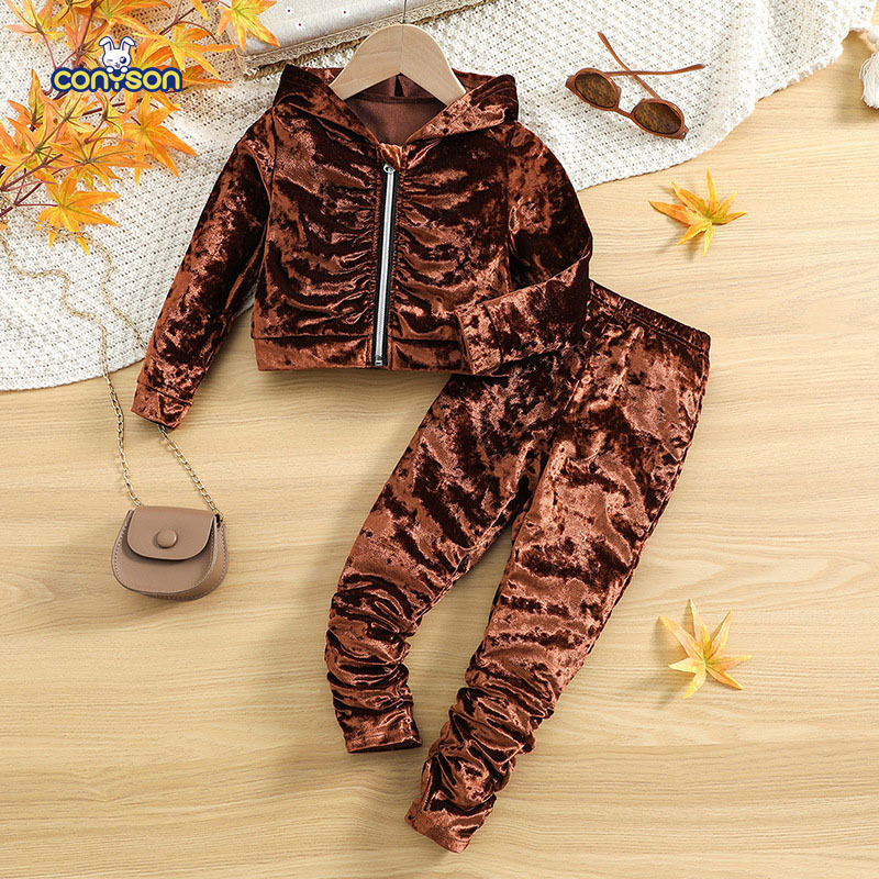 Conyson Toddler Girl Velvet Sets Long Sleeve Solid Trendy Fashion Zip Hoodies Stacked Legging Set Children Girls 2 Piece Suit