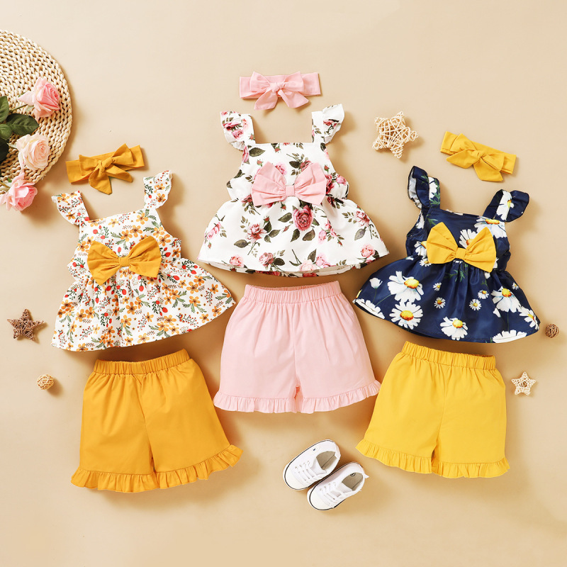 Factory Price Baby Girls Clothing Sets Cute Bowknot Baby Clothing Three-piece Sets Summer Baby Girl Clothes