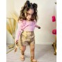 Conyson Wholesale Kids Designer Clothes Knit Long Sleeve Pink Sweater PU Shorts 2 Piece Children Girls Clothing Outfits