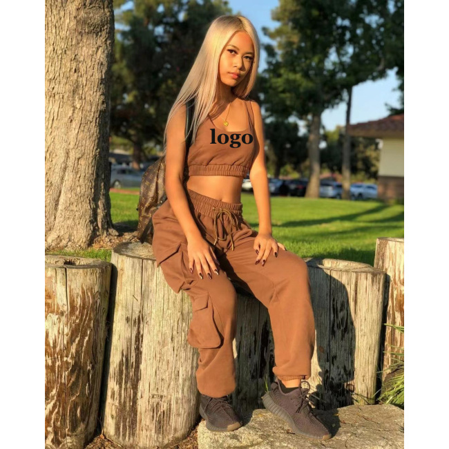 Conyson Hot Sale Custom Sport Gym Pullover Three-dimensional Pocket Pinching Pants Plain Crop Top Oversized Women's Vest Set
