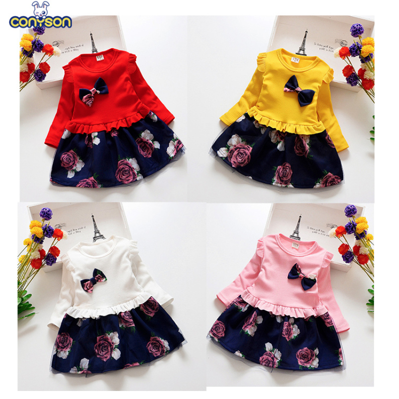 Conyson Hot Sale Autumn Factory Fashion Long Sleeve Skirt Baby Little Girl Patchwork Sweet Bow Printing Fluffy Princess Dress